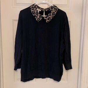Talbots Black Sweater with Leopard Collar